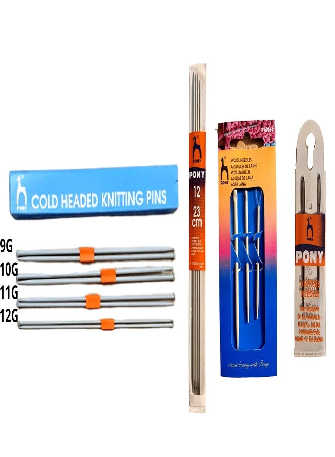 PONY Knitting Pins(25cm)- Set of 4(Size:9G to12G) & Knitting Needle for Neck No.12(23cm) Pair of 4 & Large Eye Loops Wool Needles-Set of 3 & Stainless Steel Needles-Set of 2 - Image 1